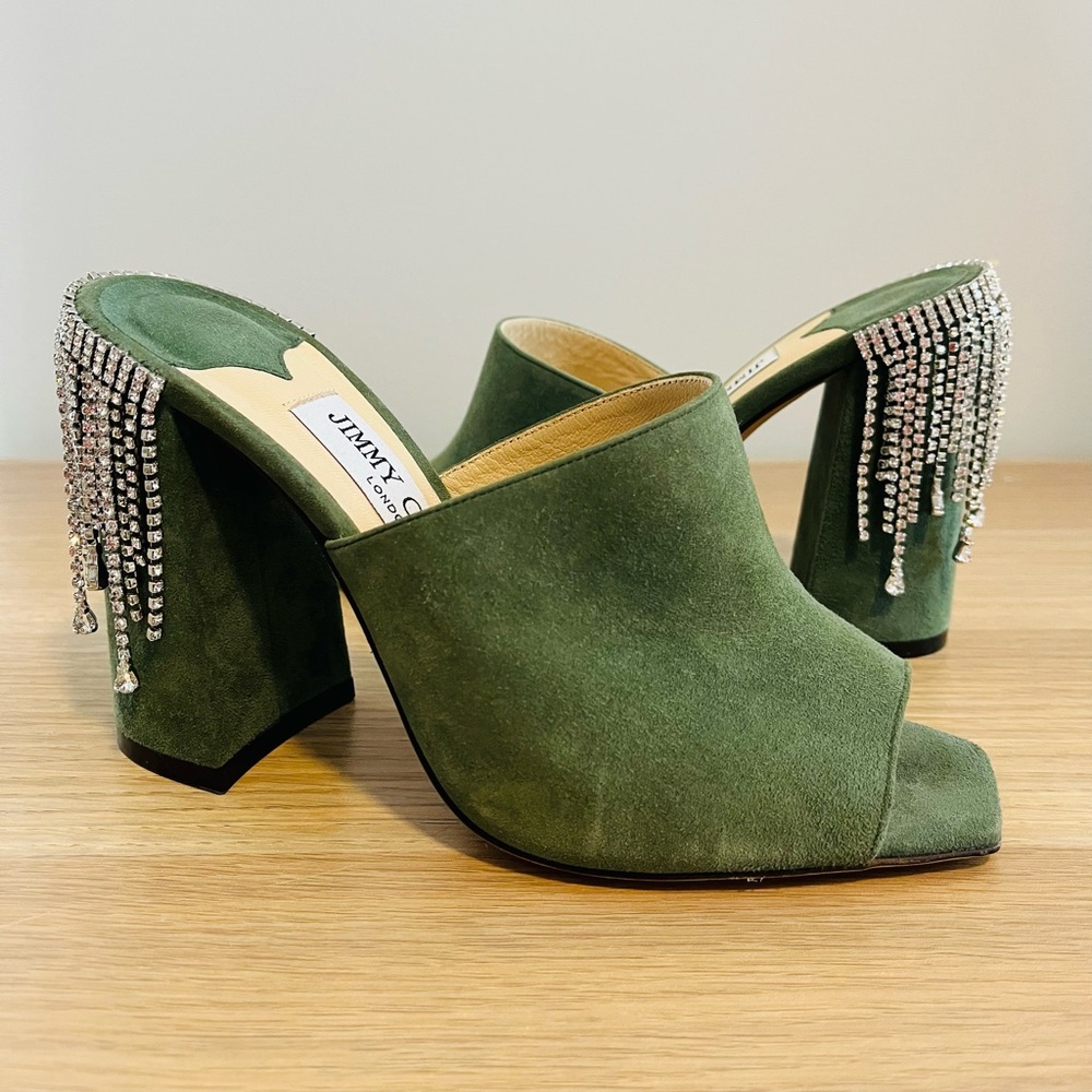 Jimmy Choo Olive Green SUEDE Mules with Crystal Detailing